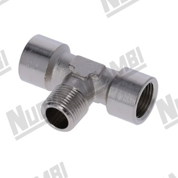 Т-образный фитинг G 3/8ВР - 3/8НР - 3/8ВР - шестигранник 17мм - "никелированная латунь"