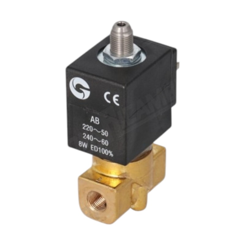 Електромагнітний клапан "GHEZ" 3-ходовий - 1/8-1/8 ВР - V230/240 - 50/60 - 8Вт - отвір Ø 1,5мм - рубінове ущільнення - конічний дренаж 1/8 - "CE"