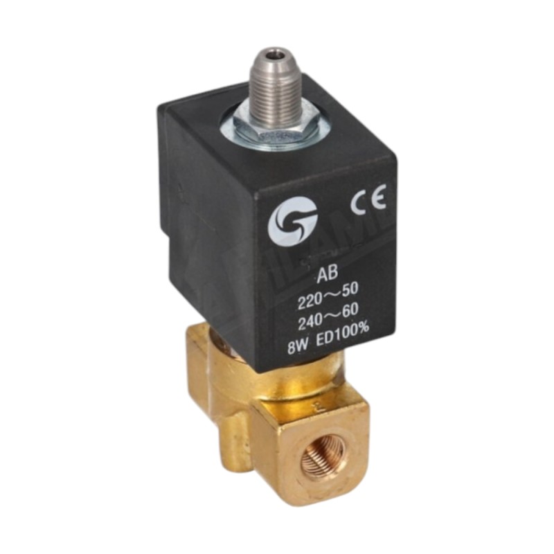 Електромагнітний клапан "GHEZ" 3-ходовий - 1/8-1/8 ВР - V230/240 - 50/60 - 8Вт - отвір Ø 1,5мм - ущільнення VITON - конічний дренаж 1/8 - "CE"